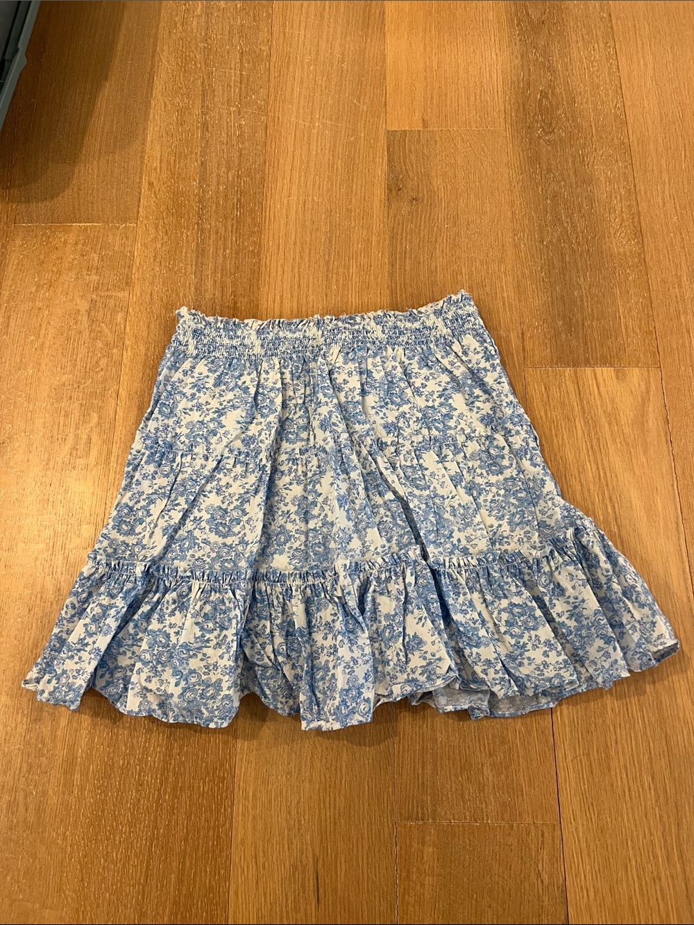 LoveShackFancy Blue and White Floral Ruffle Skirt
